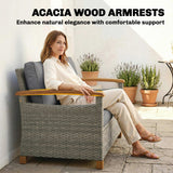 Poly Rattan 2 Seater Garden Sofa With Thickened Cushions and Wooden Armrests - Velmora