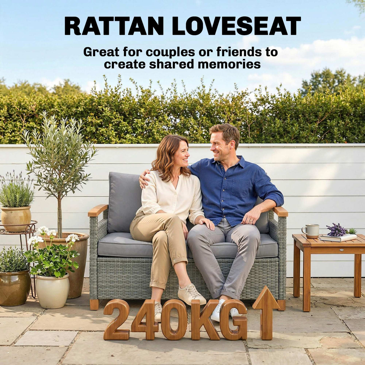 Poly Rattan 2 Seater Garden Sofa With Thickened Cushions and Wooden Armrests - Velmora