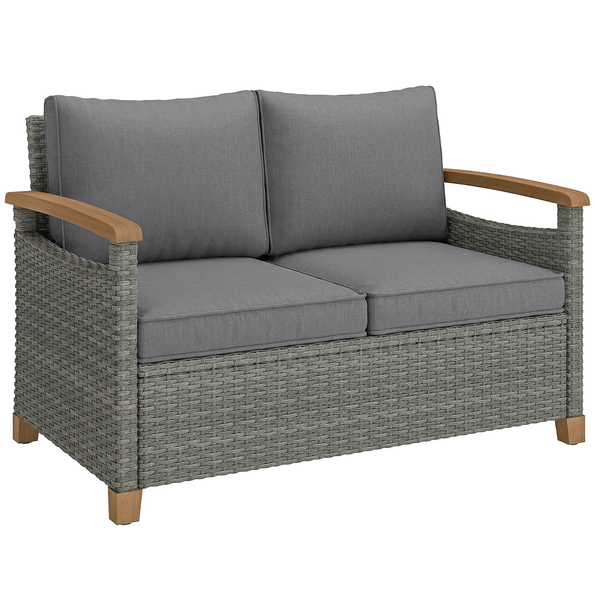 Poly Rattan 2 Seater Garden Sofa With Thickened Cushions and Wooden Armrests - Velmora