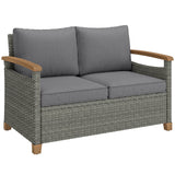 Poly Rattan 2 Seater Garden Sofa With Thickened Cushions and Wooden Armrests - Velmora