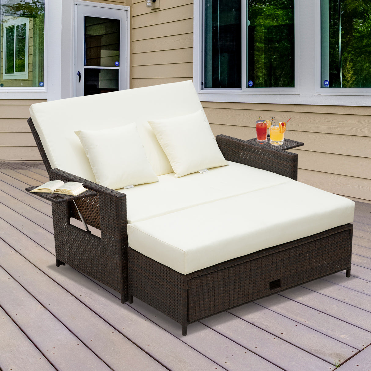 Poly Rattan 2 Seater Sun Lounger Daybed With Cushions - Velmora