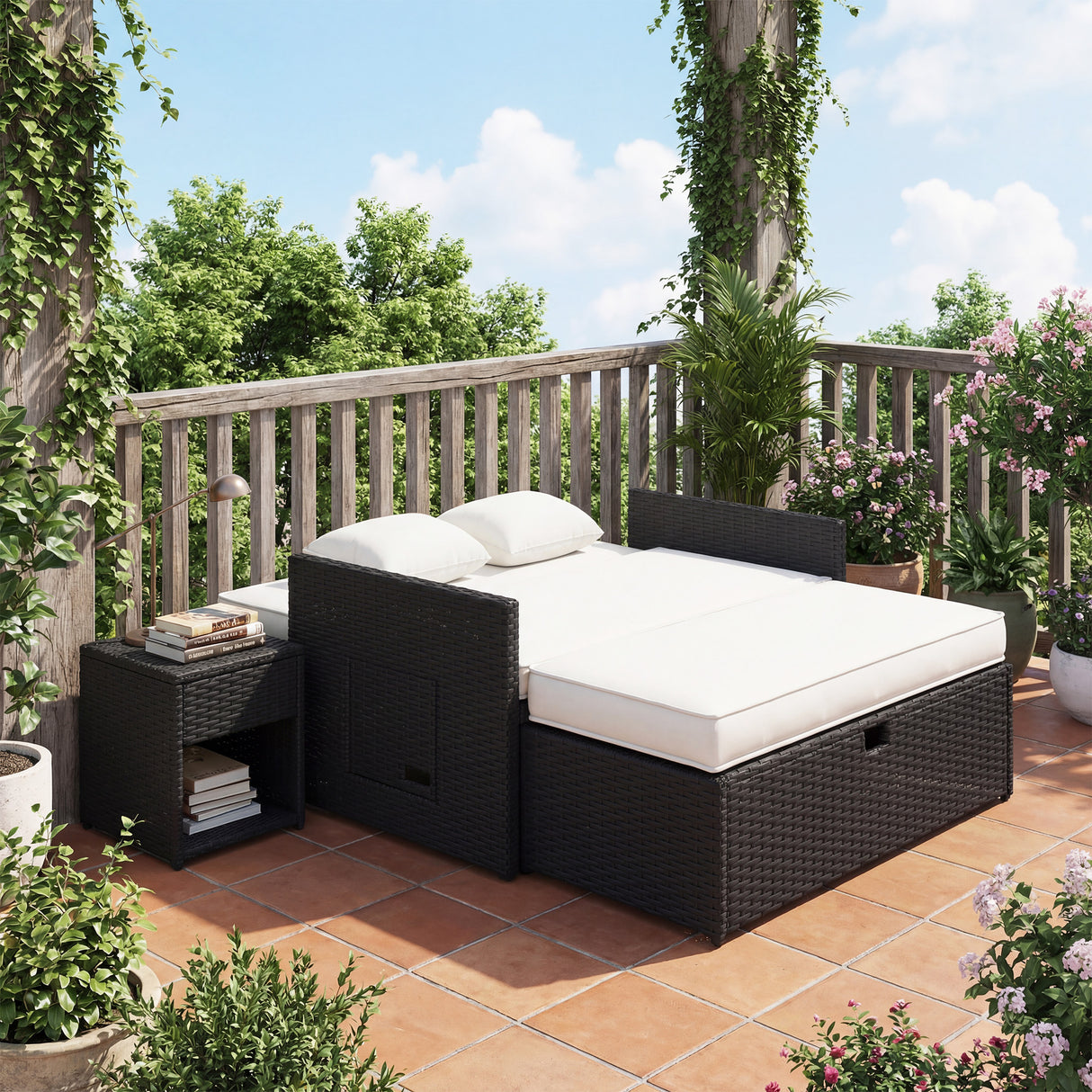 Poly Rattan 2 Seater Sun Lounger Daybed With Cushions - Velmora