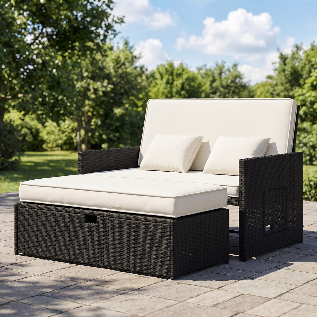 Poly Rattan 2 Seater Sun Lounger Daybed With Cushions - Velmora
