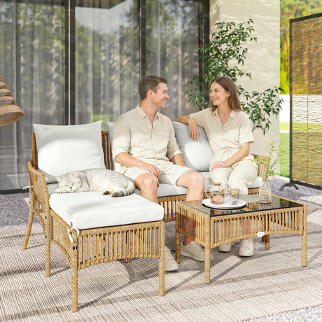 Poly Rattan 3 Piece Corner Garden Sofa Set With Chaise and Glass Coffee Table - Velmora