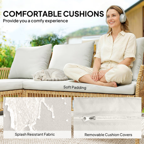 Poly Rattan 3 Piece Corner Garden Sofa Set With Chaise and Glass Coffee Table - Velmora