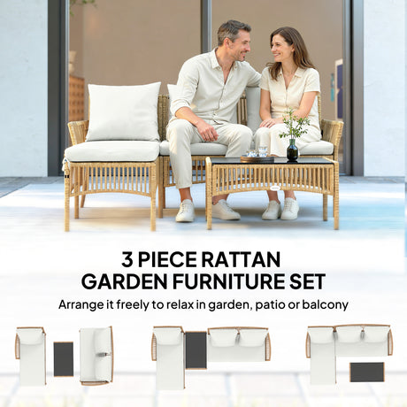 Poly Rattan 3 Piece Corner Garden Sofa Set With Chaise and Glass Coffee Table - Velmora