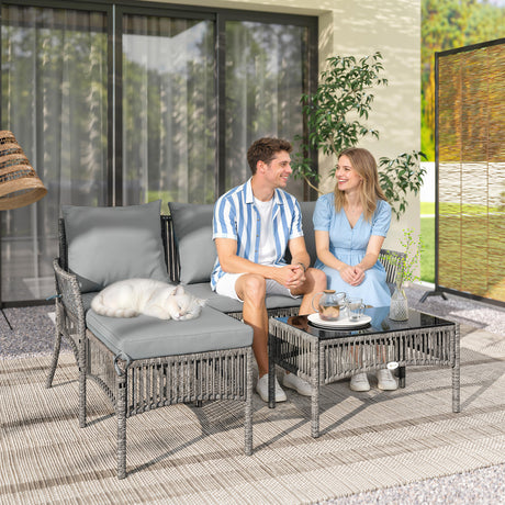Poly Rattan 3 Piece Corner Garden Sofa Set With Chaise and Glass Coffee Table - Velmora