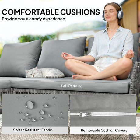 Poly Rattan 3 Piece Corner Garden Sofa Set With Chaise and Glass Coffee Table - Velmora