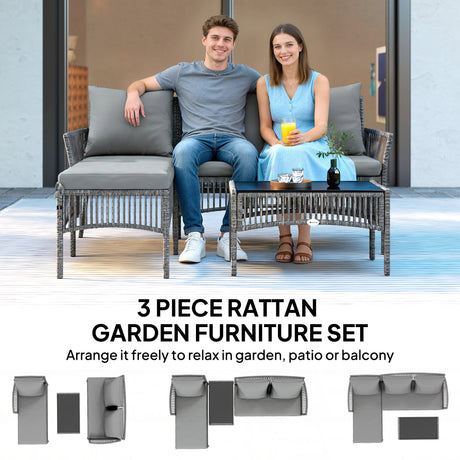 Poly Rattan 3 Piece Corner Garden Sofa Set With Chaise and Glass Coffee Table - Velmora