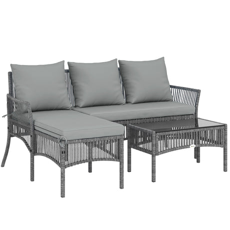 Poly Rattan 3 Piece Corner Garden Sofa Set With Chaise and Glass Coffee Table - Velmora