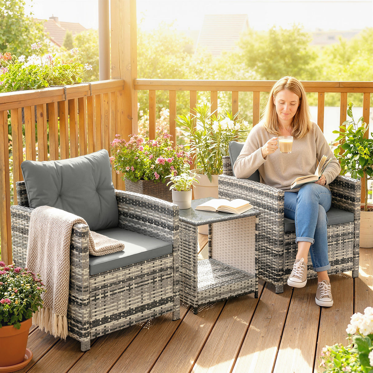 Poly Rattan 3 Piece Garden Bistro Set With 2 Tier Glass Top Table - Velmora