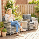 Poly Rattan 3 Piece Garden Bistro Set With 2 Tier Glass Top Table - Velmora