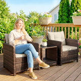 Poly Rattan 3 Piece Garden Bistro Set With 2 Tier Glass Top Table - Velmora