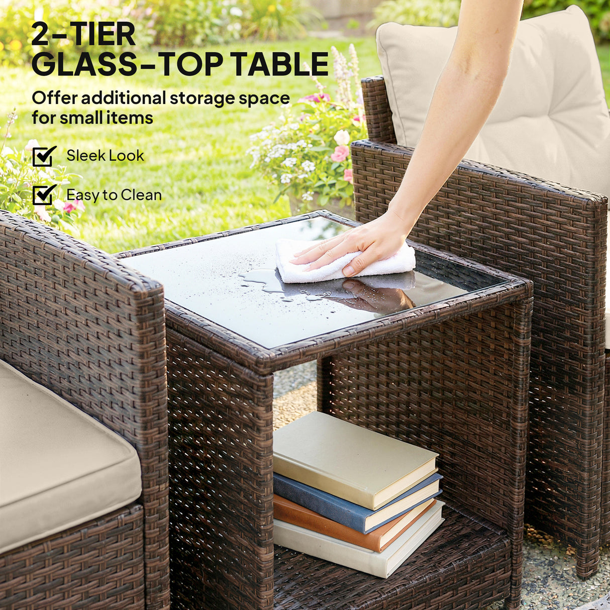 Poly Rattan 3 Piece Garden Bistro Set With 2 Tier Glass Top Table - Velmora