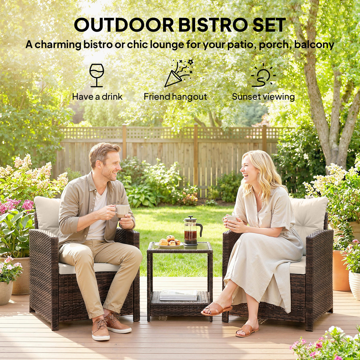 Poly Rattan 3 Piece Garden Bistro Set With 2 Tier Glass Top Table - Velmora
