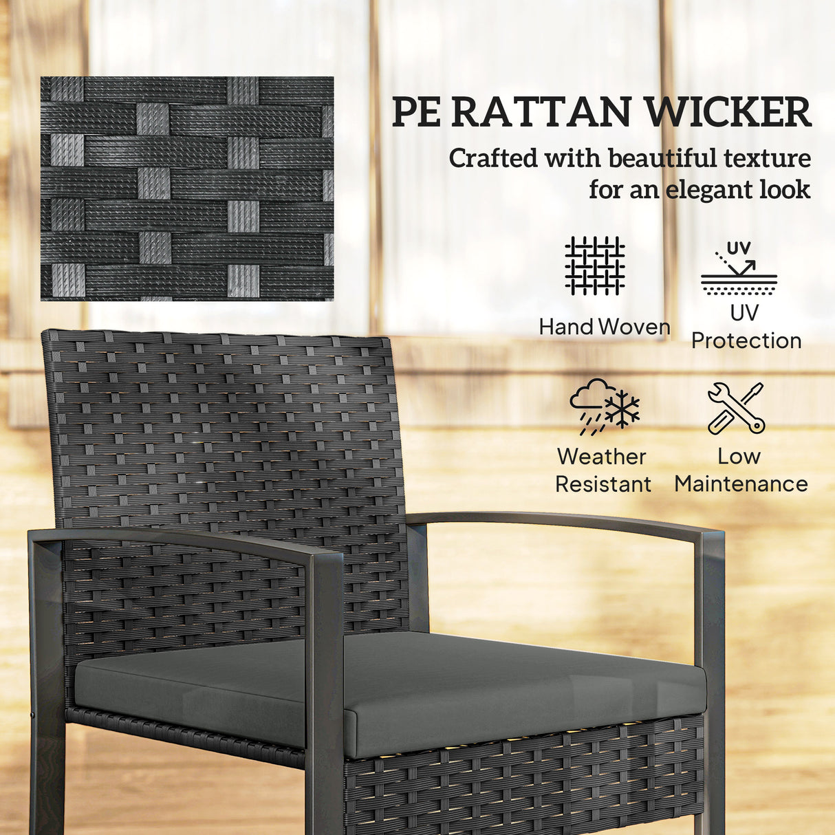 Poly Rattan 3 Pieces Bistro Set With Square Glass Top Table and Cushions - Velmora