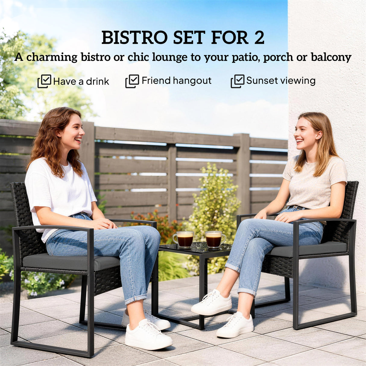 Poly Rattan 3 Pieces Bistro Set With Square Glass Top Table and Cushions - Velmora