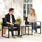 Poly Rattan 3 Pieces Bistro Set With Square Glass Top Table and Cushions - Velmora