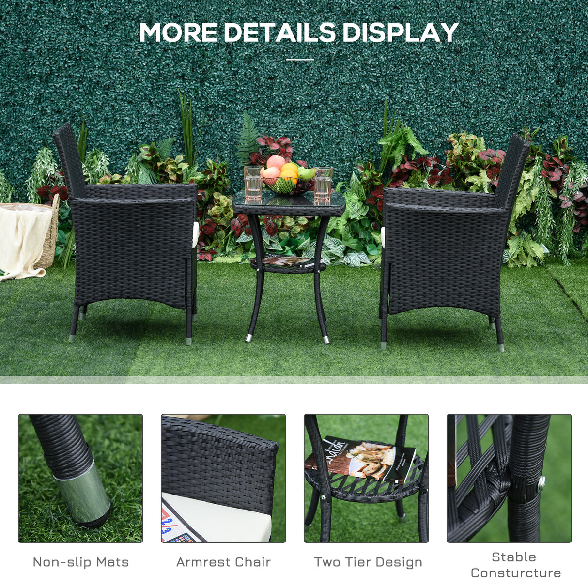 Poly Rattan 3 Pieces Garden Armchair in Set of 2 and Glass Top Table - Velmora