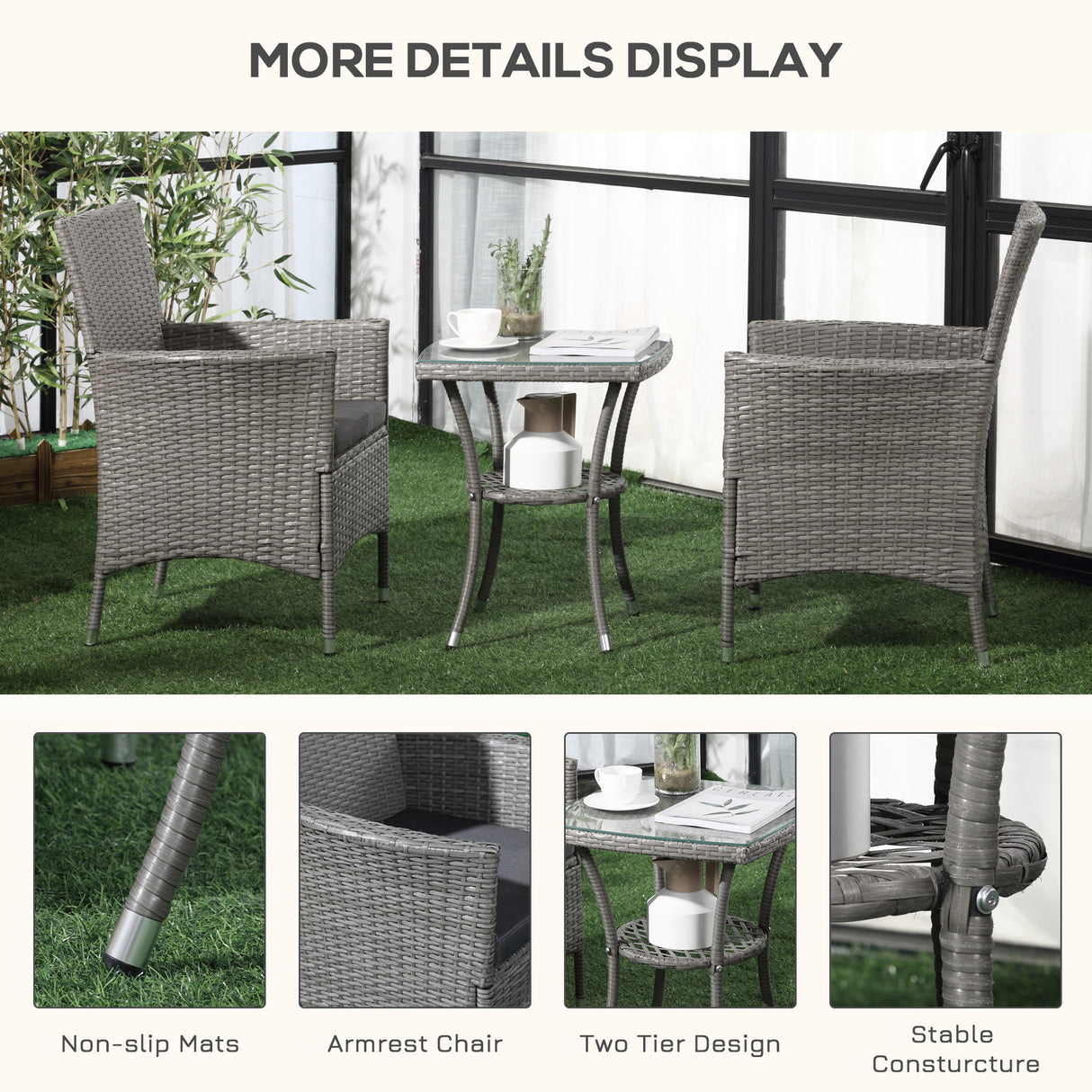 Poly Rattan 3 Pieces Garden Armchair in Set of 2 and Glass Top Table - Velmora
