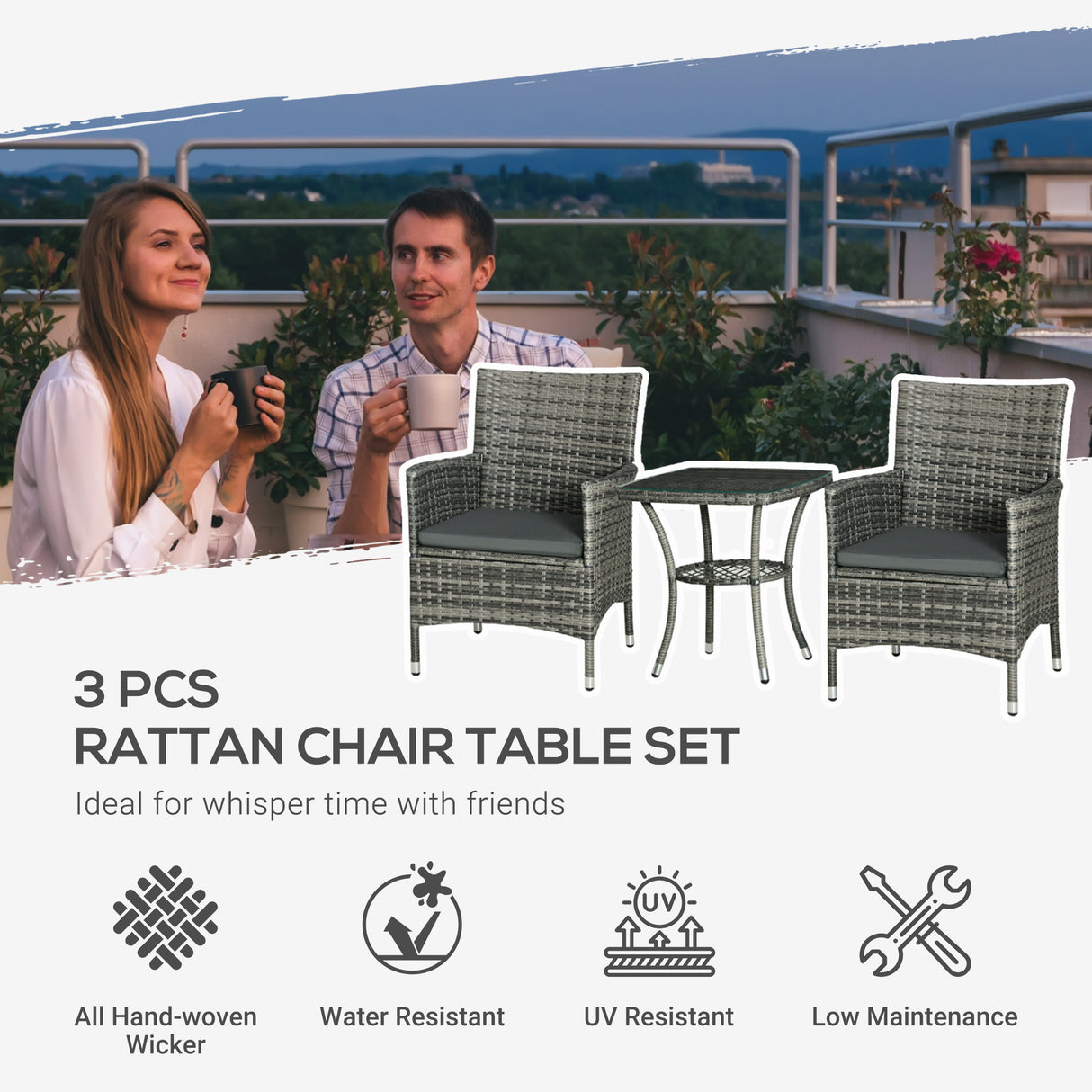 Poly Rattan 3 Pieces Garden Armchair in Set of 2 and Glass Top Table - Velmora