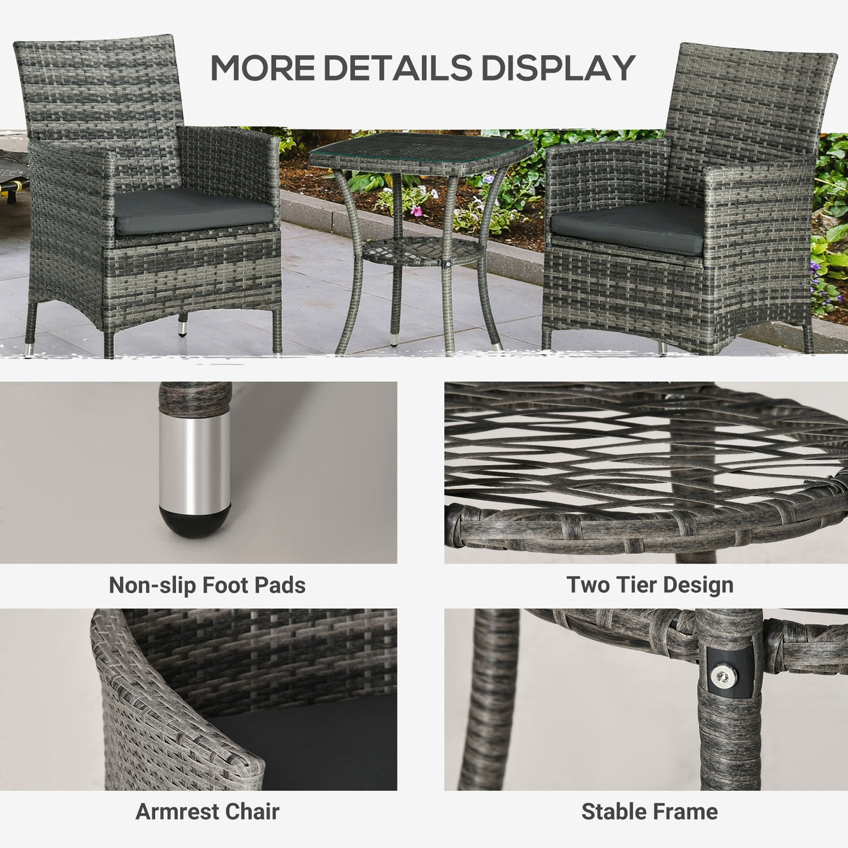 Poly Rattan 3 Pieces Garden Armchair in Set of 2 and Glass Top Table - Velmora