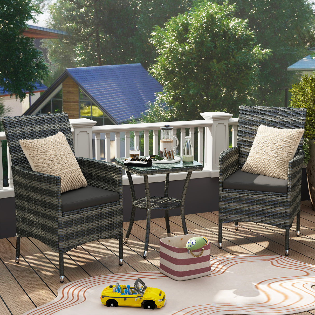 Poly Rattan 3 Pieces Garden Armchair in Set of 2 and Glass Top Table - Velmora