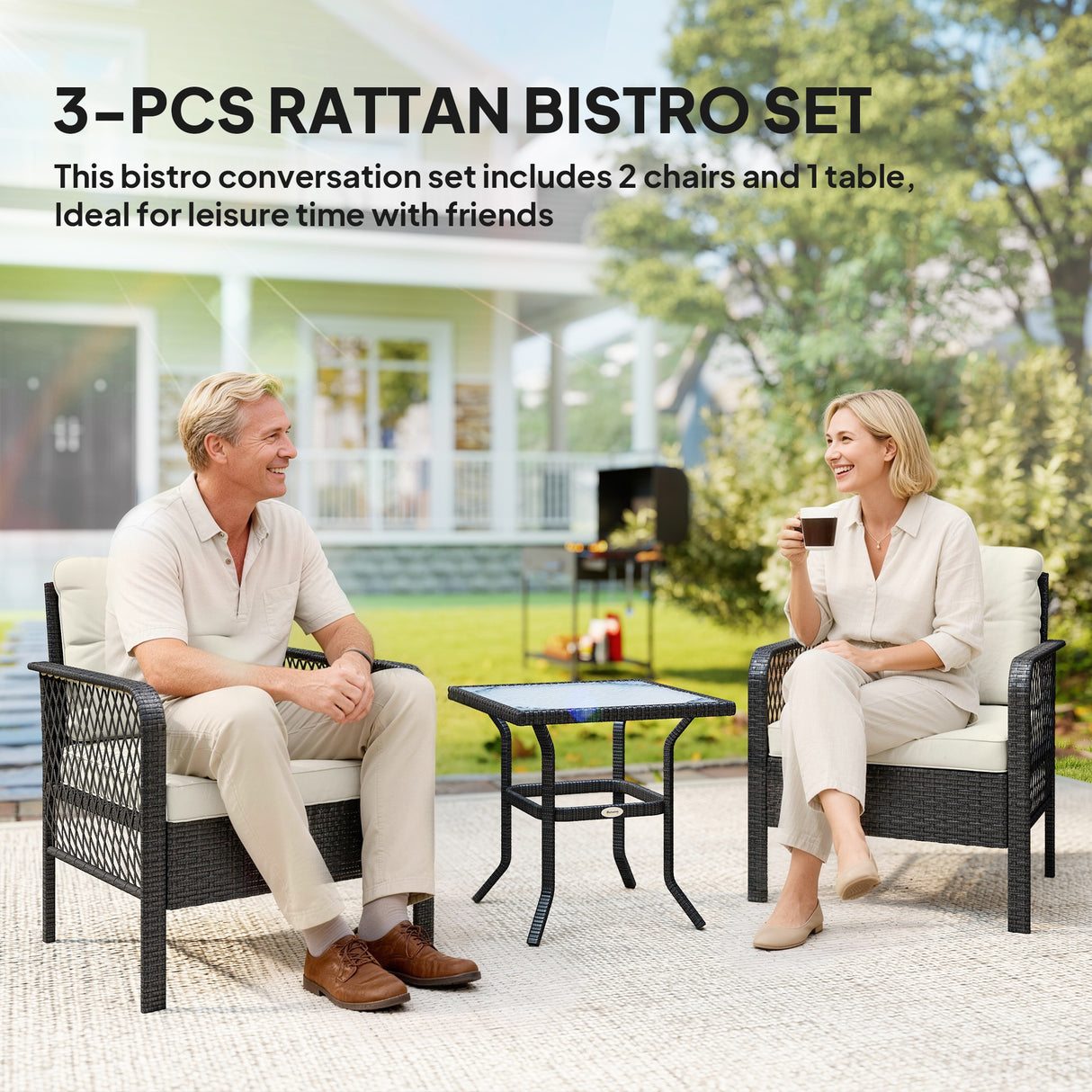 Poly Rattan 3 Pieces Garden Bistro Set With Glass Top Coffee Table And Armchairs - Velmora