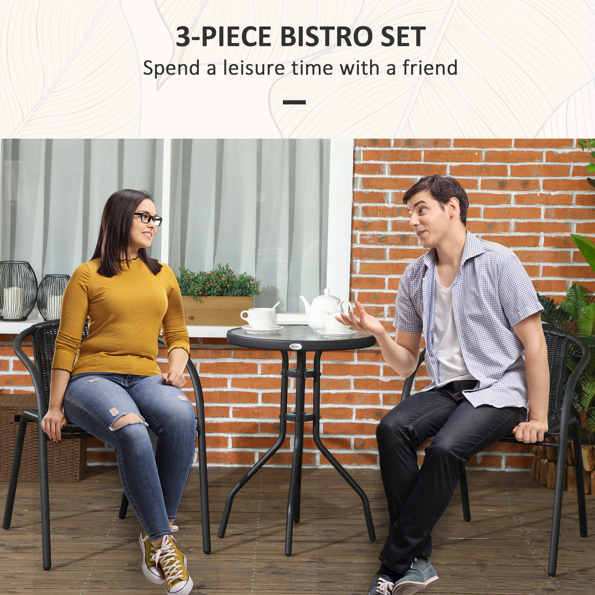 Poly Rattan 3 Pieces Garden Bistro Set Round Glass Top Coffee Table - Velmora