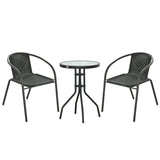 Poly Rattan 3 Pieces Garden Bistro Set Round Glass Top Coffee Table - Velmora