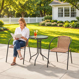 Poly Rattan 3 Pieces Garden Bistro Set Round Glass Top Coffee Table - Velmora