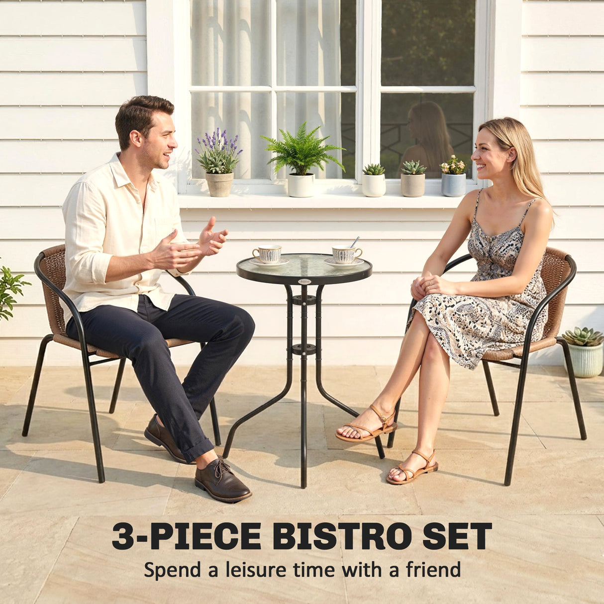 Poly Rattan 3 Pieces Garden Bistro Set Round Glass Top Coffee Table - Velmora