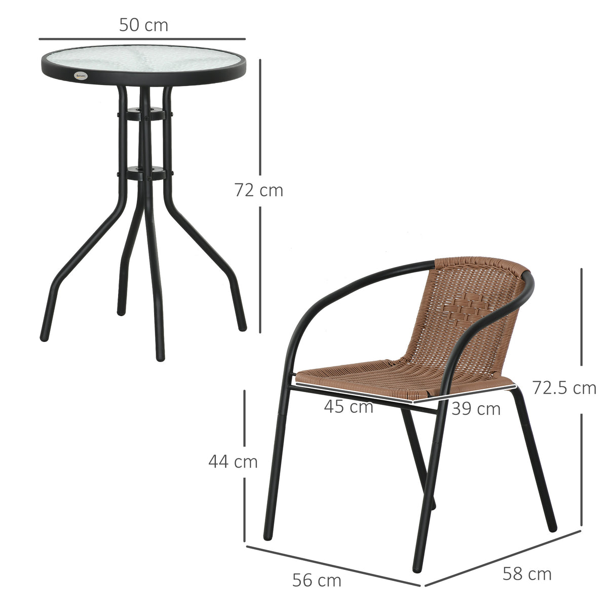 Poly Rattan 3 Pieces Garden Bistro Set Round Glass Top Coffee Table - Velmora