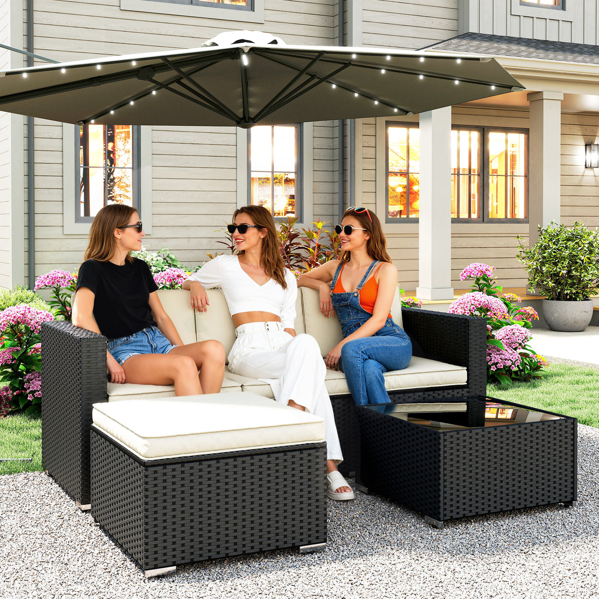 Poly Rattan 3 Pieces Garden Furniture Set With Cushions And Table - Velmora