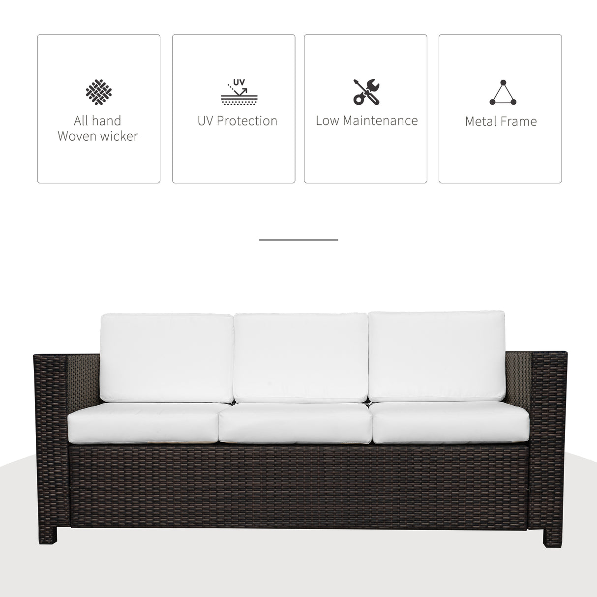 Poly Rattan 3 Seater Garden Sofa With Cushions and Metal Frame - Velmora