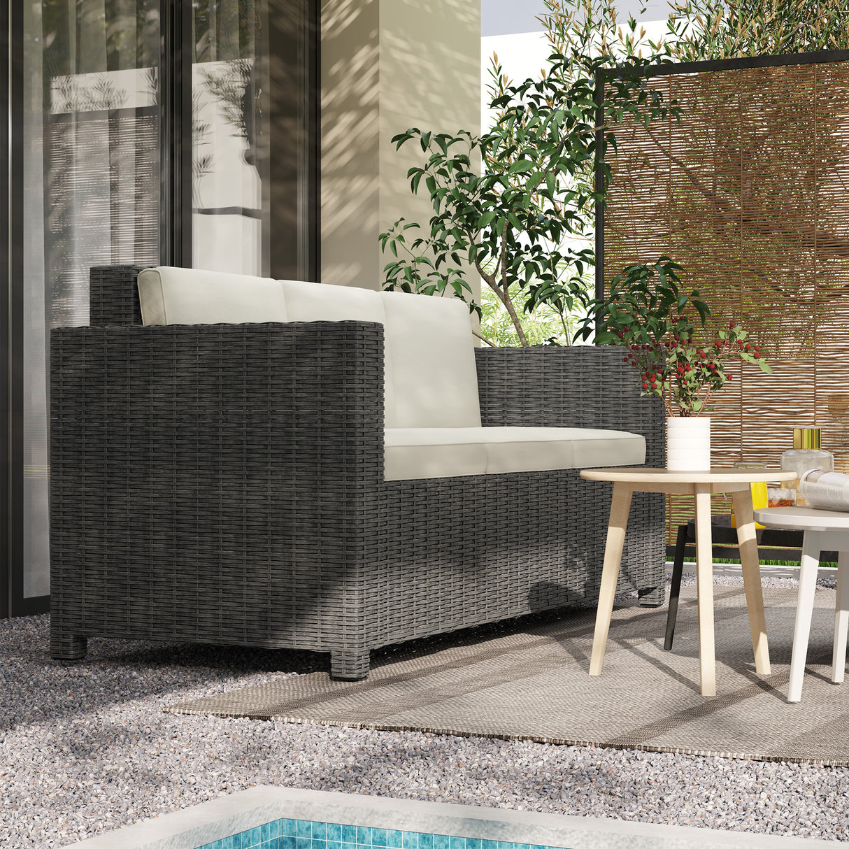 Poly Rattan 3 Seater Garden Sofa With Cushions and Metal Frame - Velmora
