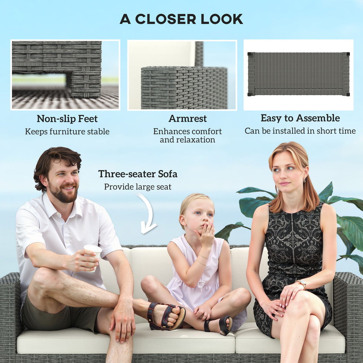 Poly Rattan 3 Seater Garden Sofa With Cushions and Metal Frame - Velmora