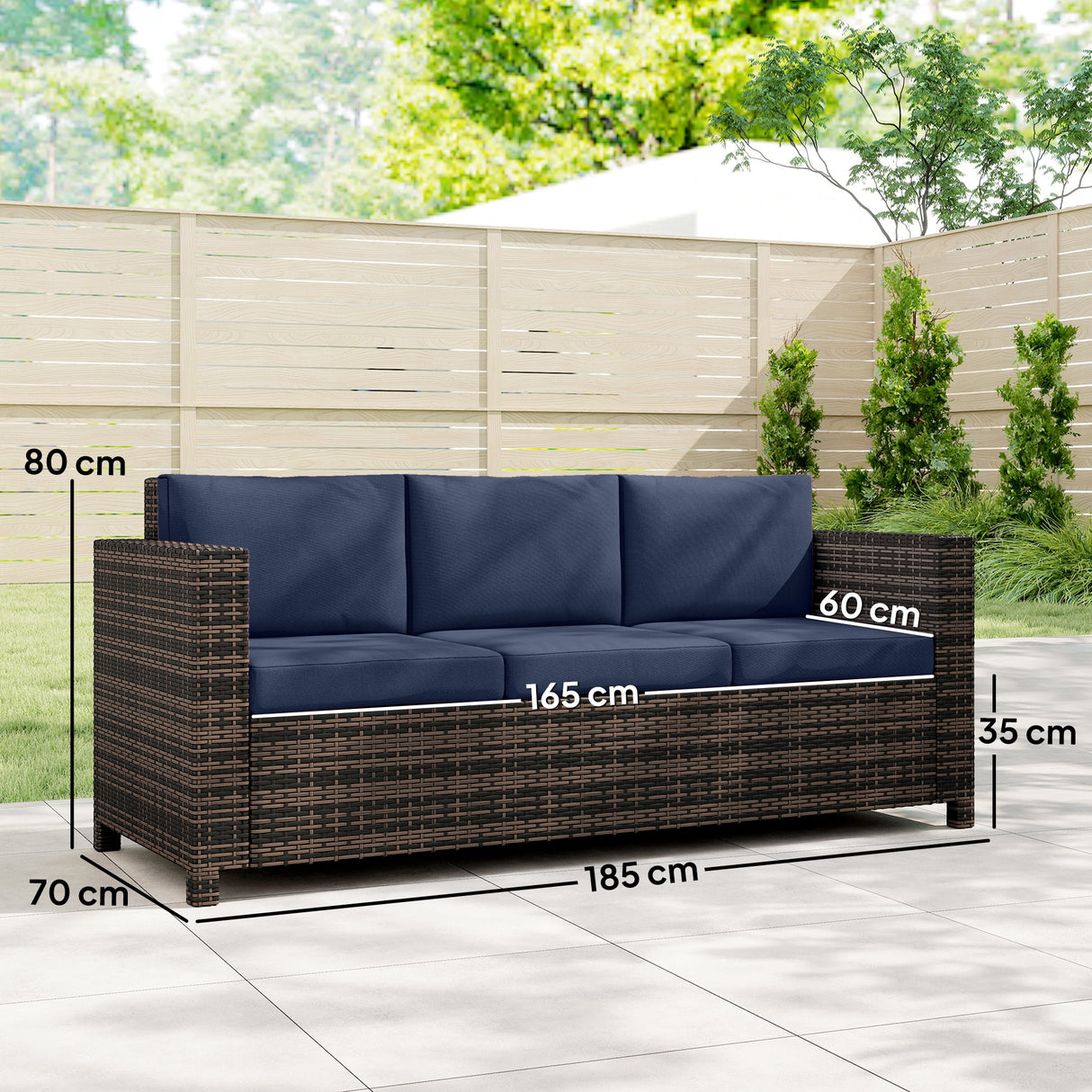 Poly Rattan 3 Seater Garden Sofa With Cushions and Metal Frame - Velmora