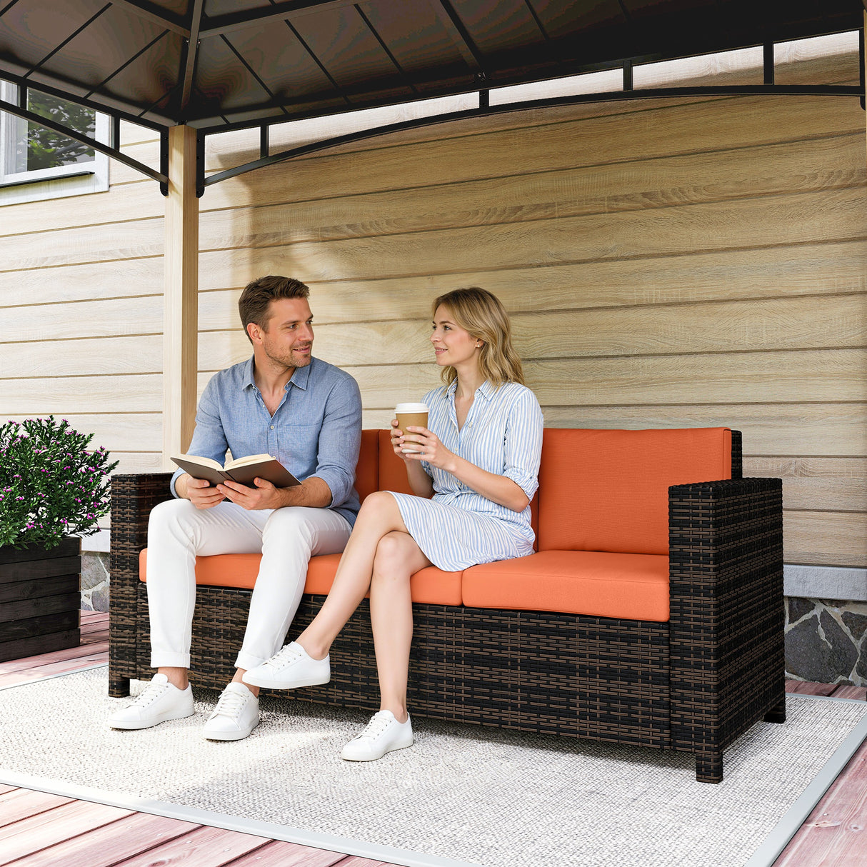 Poly Rattan 3 Seater Garden Sofa With Cushions and Metal Frame - Velmora