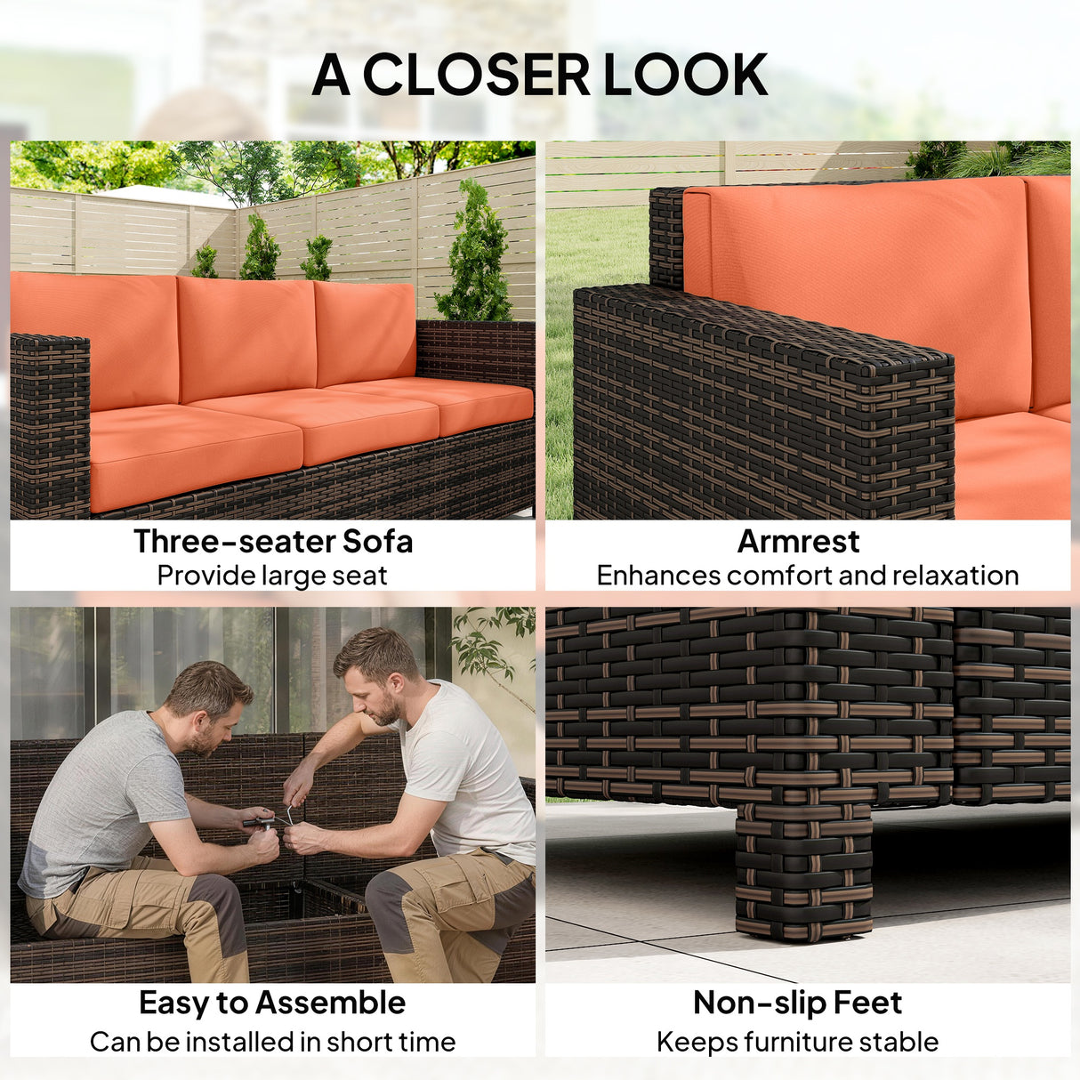 Poly Rattan 3 Seater Garden Sofa With Cushions and Metal Frame - Velmora