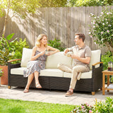 Poly Rattan 3 Seater Garden Sofa With Thickened Cushions and Wooden Armrests - Velmora