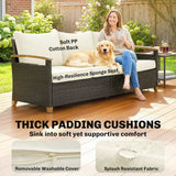 Poly Rattan 3 Seater Garden Sofa With Thickened Cushions and Wooden Armrests - Velmora