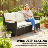 Poly Rattan 3 Seater Garden Sofa With Thickened Cushions and Wooden Armrests - Velmora