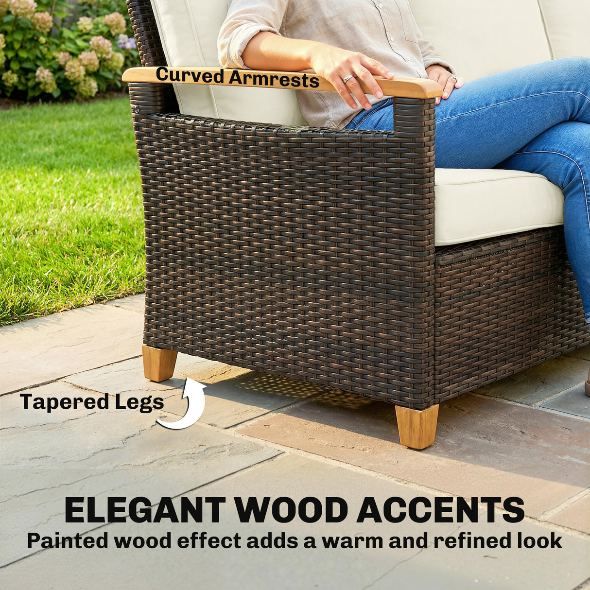 Poly Rattan 3 Seater Garden Sofa With Thickened Cushions and Wooden Armrests - Velmora