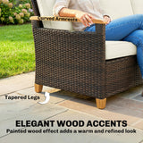Poly Rattan 3 Seater Garden Sofa With Thickened Cushions and Wooden Armrests - Velmora