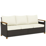 Poly Rattan 3 Seater Garden Sofa With Thickened Cushions and Wooden Armrests - Velmora