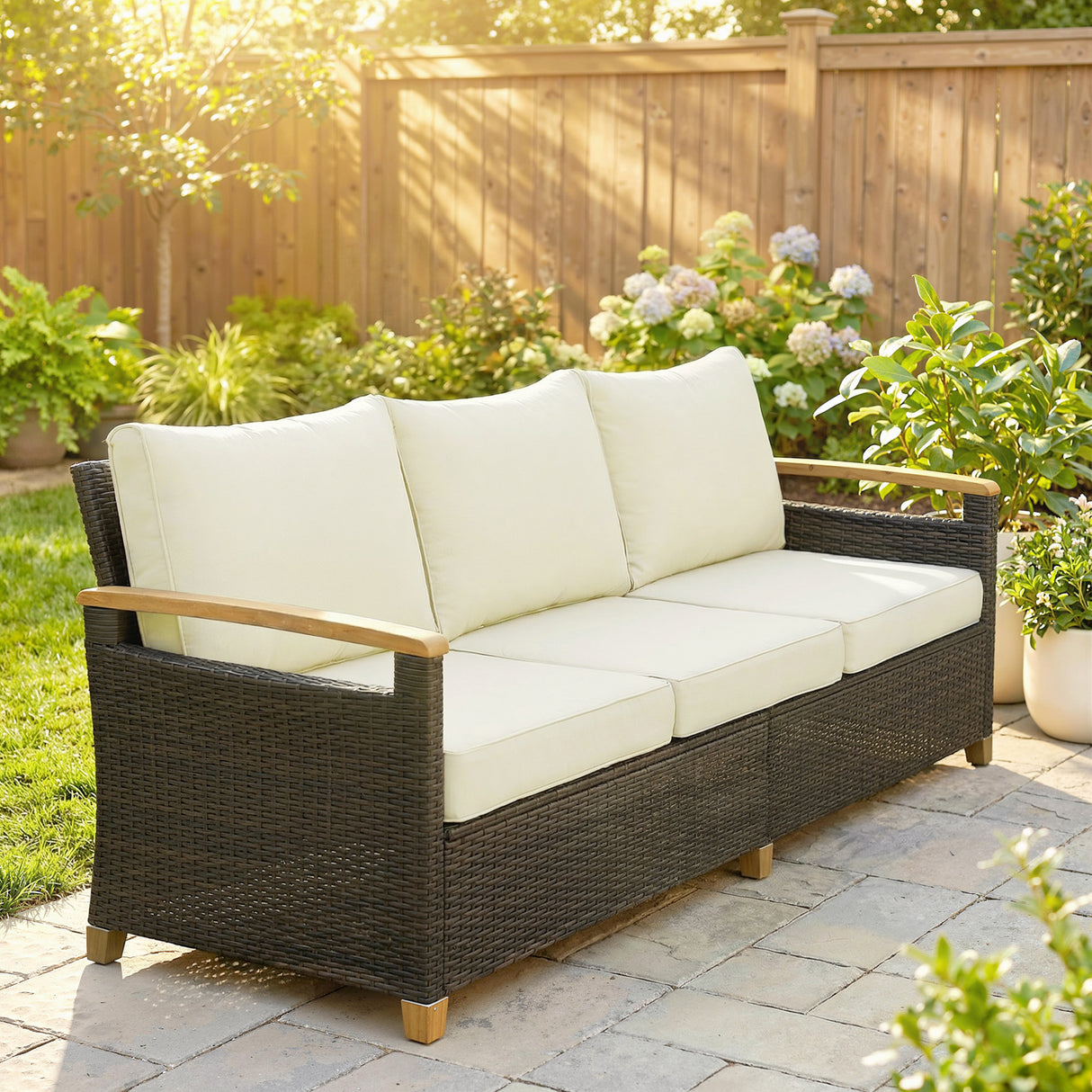 Poly Rattan 3 Seater Garden Sofa With Thickened Cushions and Wooden Armrests - Velmora