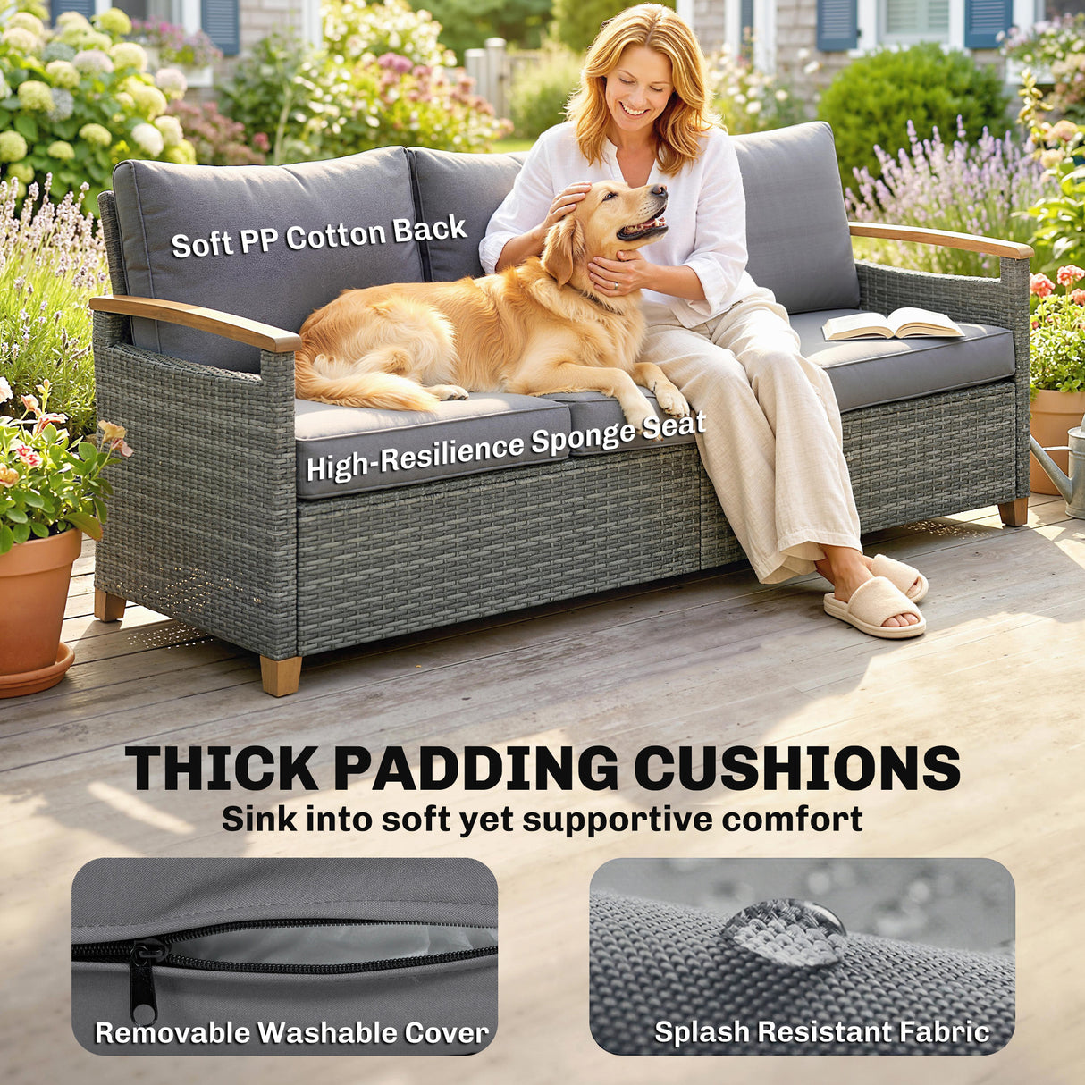 Poly Rattan 3 Seater Garden Sofa With Thickened Cushions and Wooden Armrests - Velmora