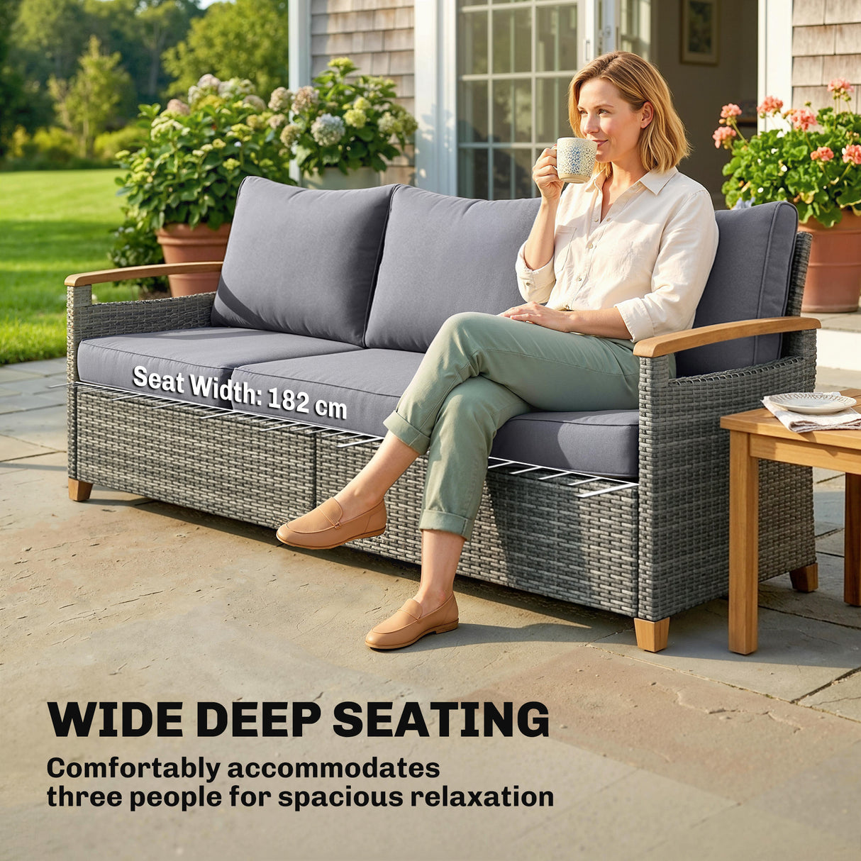 Poly Rattan 3 Seater Garden Sofa With Thickened Cushions and Wooden Armrests - Velmora