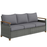 Poly Rattan 3 Seater Garden Sofa With Thickened Cushions and Wooden Armrests - Velmora